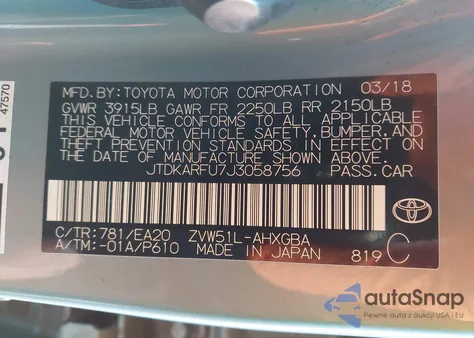 2018 Toyota Prius Four из США, поврежденный, VIN JTDKARFU7J3058756